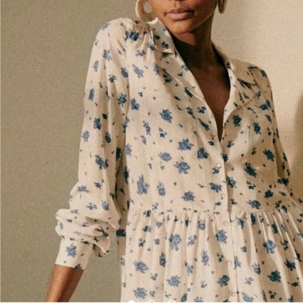 Sezane Aurora Dress White Floral Button-Up Dress blue rose 38 6 tiered short - Picture 3 of 10